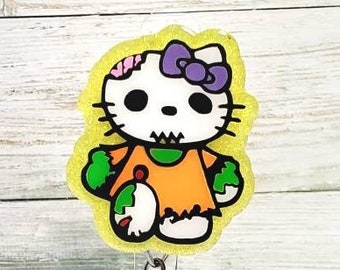 Halloween zombie cat glitter badge reel