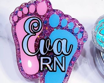 Personalized Baby Feet Glitter Badge reel, Monogram NICU Baby Nurse L & D tech nurse badge reel, custom badge. Rainbow baby preemie
