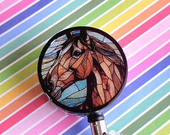 Stained Glass Horse Badge Reel - Handcrafted Equestrian ID Holder, Unique Gift for Horse Lovers, Galloping Elegance. Nursing Lanyards