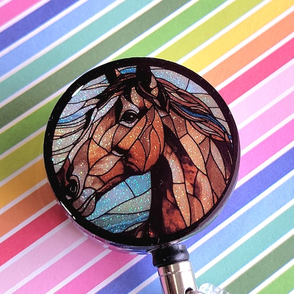 Stained Glass Horse Badge Reel - Handcrafted Equestrian ID Holder, Unique Gift for Horse Lovers, Galloping Elegance. Nursing Lanyards