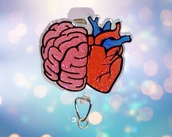Brain/Heart Badge Reel, Heart Badge, Cute Badge Reel, Neurology Badge Reel, Nursing Badge, Cardiology Badge Holder, Glitter Badge