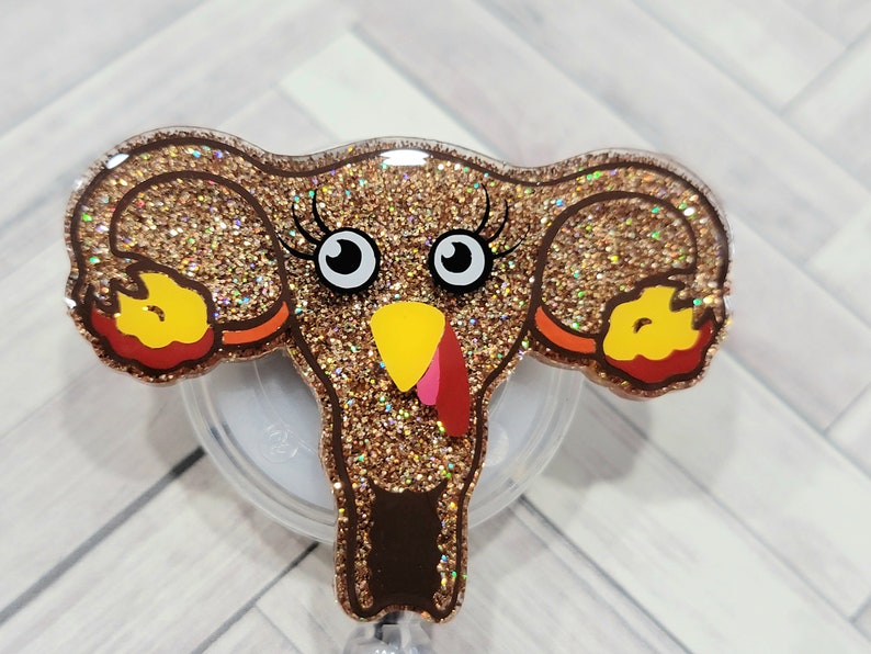 Turkey Uterus Badge reel. Thanksgiving Fall Badge reel Cervix Ovaries Vagina GYN Glitter. Funny holiday lanyards image 3