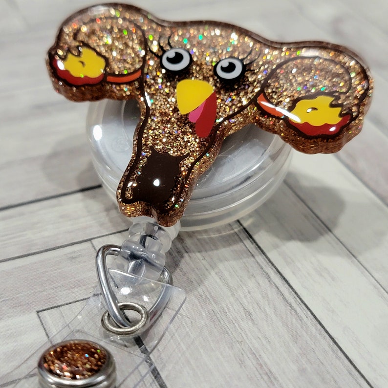 Turkey Uterus Badge reel. Thanksgiving Fall Badge reel Cervix Ovaries Vagina GYN Glitter. Funny holiday lanyards image 4