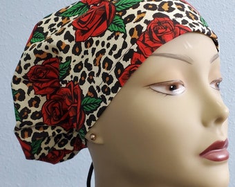 Red Roses Animal Print Scrub Cap - Stylish and Vibrant Headwear for Healthcare Professionals, handmade gifts, Euro, adjustable hair covering
