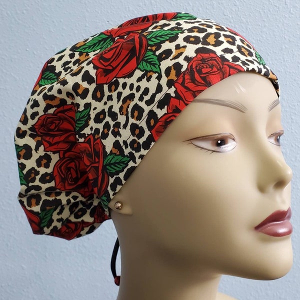 Floral scrub hat. Animal print Leopard roses. Adjustable Euro Bucket cap