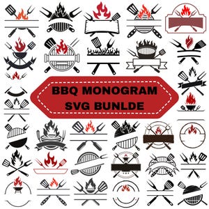 May include: A digital collection of black and red BBQ monogram SVG designs featuring various grill icons, flames, spatulas, and forks. The central red banner displays the text BBQ MONOGRAM SVG BUNLDE in bold black letters, showcasing multiple layout options.