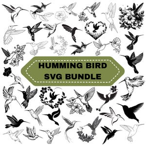 Op de afbeelding: Een verzameling van kolibrie-ontwerpen in verschillende poses, sommige met bloemaccenten. De tekst "HUMMING BIRD SVG BUNDLE" staat op een groene banner. De afbeeldingen zijn in zwart en wit, geschikt voor digitale knutselprojecten.