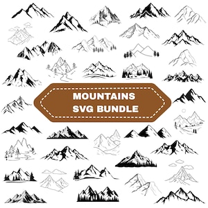 May include: A selection of black and white mountain illustrations in diverse styles. The image features a brown banner with the text "MOUNTAINS SVG BUNDLE". The designs include peaks, trees, and landscapes.