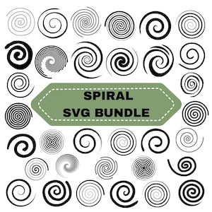 Op de afbeelding: Een verzameling zwarte spiraalontwerpen op een witte achtergrond. De afbeelding toont verschillende spiraalvormen, met een groene banner met de tekst "SPIRAL SVG BUNDLE". De spiralen variëren in grootte en complexiteit, geschikt voor digitale ontwerpprojecten.