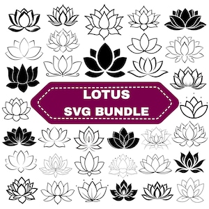 Op de afbeelding: Een verzameling lotusbloemontwerpen in zwart en wit. De afbeelding bevat verschillende stijlen van lotusbloemen, met de tekst "LOTUS SVG BUNDLE" op een paarse banner.