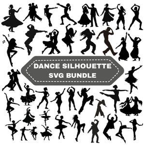 Puede incluir: Una colección de figuras de siluetas de baile negras en varias poses, incluyendo parejas y bailarines solistas. La imagen incluye el texto "DANCE SILHOUETTE SVG BUNDLE" en una pancarta gris. Los bailarines están en movimiento.