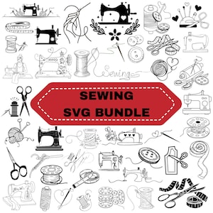 May include: A digital collection of black and white sewing-themed illustrations featuring sewing machines, spools of thread, scissors, buttons, measuring tapes, and needles, with a central red banner displaying the text SEWING SVG BUNDLE.
