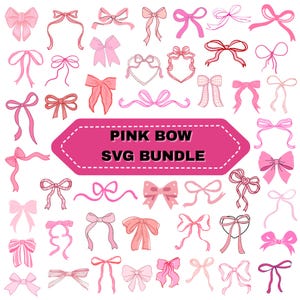 May include: A collection of pink bow designs in various styles. The image features a variety of bows in shades of pink, from light to dark, with different ribbon styles and shapes. Text on a pink banner reads "PINK BOW SVG BUNDLE."