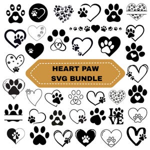 May include: A collection of black and white heart and paw print designs. The designs include paw prints inside hearts, paw prints, and hearts filled with paw prints. The text "HEART PAW SVG BUNDLE" is in a gold banner.