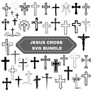 May include: A collection of various cross designs in black and white. The image includes crosses of different styles, from simple outlines to more ornate and detailed versions. Text reads "JESUS CROSS SVG BUNDLE".