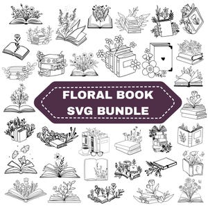Puede incluir: Conjunto de ilustraciones en blanco y negro de libros y elementos florales. El texto "FLORAL BOOK SVG BUNDLE" aparece en una pancarta morada oscura. Las imágenes incluyen libros abiertos, pilas de libros y arreglos florales.