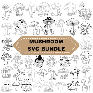 Könnte beinhalten: Eine Sammlung von Schwarz-Weiß-Illustrationen von Pilzen in verschiedenen Formen und Größen. Das Bild enthält ein Banner mit dem Text "MUSHROOM SVG BUNDLE". Die Pilze haben unterschiedliche Hutmuster und Stieldesigns.