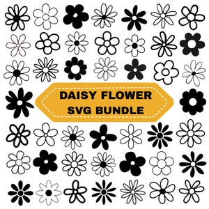 May include: A selection of daisy flower designs in black and white. The image shows different daisy illustrations, including solid black and outlined versions. A yellow banner with the text "DAISY FLOWER SVG BUNDLE" is in the centre.