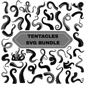 Puede incluir: Una colección de ilustraciones en silueta negra que muestran varios tentáculos de pulpo y calamar en diferentes posiciones curvas, dispuestas alrededor de una insignia hexagonal gris con el texto TENTACLES SVG BUNDLE.