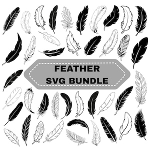 May include: A collection of black and white feather illustrations. The image includes various feather designs, some solid black and others with detailed line art. Text in the center reads "FEATHER SVG BUNDLE".