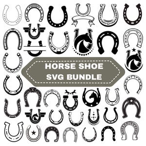 Puede incluir: Una colección de diseños de herraduras en blanco y negro, incluyendo variaciones sólidas, delineadas y detalladas. Algunos diseños incorporan estrellas, cintas y siluetas de caballos. El texto "HORSE SHOE SVG BUNDLE" se muestra en una pancarta.