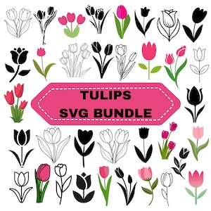 Può includere: Una collezione di disegni di tulipani in vari stili, tra cui line art, nero pieno e illustrazioni colorate. L'immagine presenta uno striscione rosa con il testo "TULIPS SVG BUNDLE". I tulipani sono in tonalità di rosa, rosso e nero.
