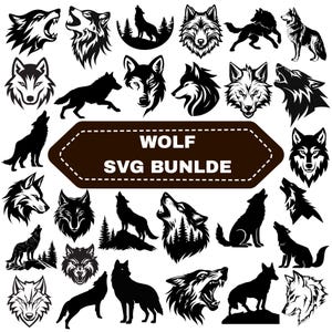 Pode incluir: Uma coleção de ilustrações de lobos em preto e branco com várias poses, incluindo uivando, correndo e em pé, dispostas em torno de uma placa hexagonal marrom central com o texto branco WOLF SVG BUNLDE impresso no centro.