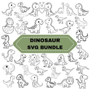 Puede incluir: Una colección de ilustraciones de dinosaurios en blanco y negro en varias poses. La imagen incluye el texto "DINOSAUR SVG BUNDLE" en una pancarta verde. Los dinosaurios son de estilo caricatura y adecuados para proyectos de diseño digital.
