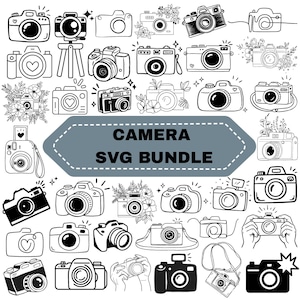 May include: A collection of black and white camera illustrations in various styles. The phrase "CAMERA SVG BUNDLE" is displayed on a grey banner. The cameras include different designs, some with floral accents.