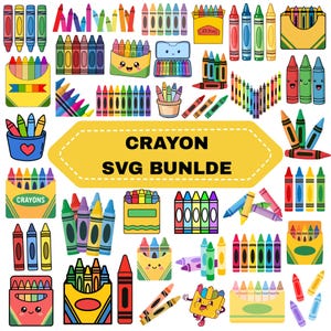May include: A digital collection of colorful crayon illustrations featuring various sets, individual crayons, and boxes with smiling faces. The central yellow hexagon contains the black text CRAYON SVG BUNLDE, showcasing a variety of artistic styles.