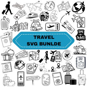 Puede incluir: Una colección de ilustraciones de línea en blanco y negro con temática de viajes que incluye aviones, maletas, pasaportes, mapas, globos terráqueos y sellos. Un banner azul central muestra el texto TRAVEL SVG BUNDLE en letras negras.