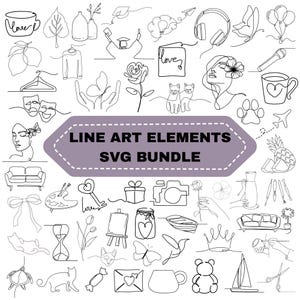 Puede incluir: Una colección de elementos de arte lineal negro, que incluyen una taza, hojas, jarrones, un gorro de graduación, auriculares, una mariposa y un micrófono. La imagen también presenta el texto "LINE ART ELEMENTS SVG BUNDLE" en una pancarta púrpura.