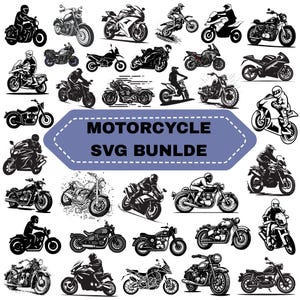 May include: A collection of black and white motorcycle illustrations featuring various bike styles and riders in motion or stationary positions, centered around a blue hexagonal badge with the white text MOTORCYCLE SVG BUNDLE.