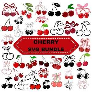 Puede incluir: Una colección de ilustraciones de cerezas en varios estilos, incluyendo cerezas rojas con hojas verdes, contornos en blanco y negro y cerezas atadas con lazos. El texto "CHERRY SVG BUNDLE" se muestra en una pancarta roja.