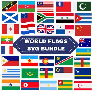 Op de afbeelding: Een digitale verzameling van diverse nationale en regionale vlaggen gerangschikt in een raster. Een centrale donkerblauwe zeshoekige badge bevat de witte tekst "WORLD FLAGS SVG BUNDLE" omringd door een witte stippellijn.