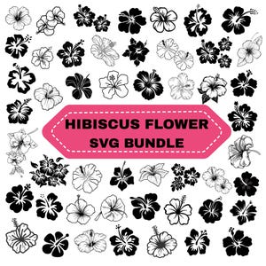 Może przedstawiać: Kolekcja wzorów kwiatów hibiskusa w czerni i bieli, z różnymi stylami i aranżacjami. Obraz zawiera różowy baner z tekstem "HIBISCUS FLOWER SVG BUNDLE". Kwiaty są w różnych fazach kwitnienia.