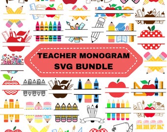 Teacher Split Monogram SVG Bundle: Back to school,Crayon Apple Teacher Name Design(Digital Download)