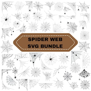 Könnte beinhalten: Eine Sammlung schwarzer Spinnennetz-Illustrationen in verschiedenen Formen und Größen, teilweise mit kleinen Spinnen. Ein braunes, sechseckiges Banner in der Mitte zeigt den Text SPIDER WEB SVG BUNDLE in fetten, schwarzen Großbuchstaben.