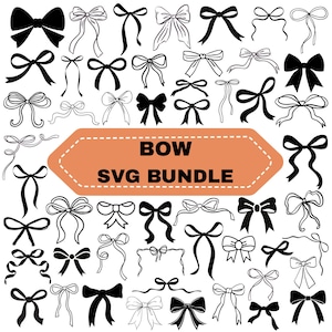 Könnte beinhalten: Eine Sammlung verschiedener Schleifendesigns in Schwarz und Weiß. Das Bild zeigt eine Vielzahl von Schleifenstilen, von einfach bis aufwendig, mit einem Banner mit der Aufschrift "BOW SVG BUNDLE".