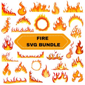 Puede incluir: Una colección de gráficos de fuego estilizados en tonos rojos, naranjas y amarillos. La imagen incluye varias formas de llama, bordes y un diseño circular. El texto en una pancarta naranja dice "FIRE SVG BUNDLE."