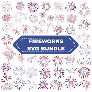 Może przedstawiać: Kolekcja ilustracji fajerwerków w kolorach czerwonym, białym i niebieskim w różnych wzorach. Obraz zawiera niebieski baner z napisem "FIREWORKS SVG BUNDLE". Fajerwerki mają różne kształty i rozmiary.