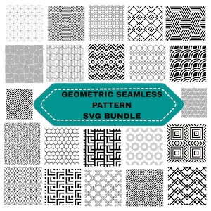 May include: A selection of black and white geometric seamless patterns. The patterns feature diverse shapes, including lines, hexagons, and geometric designs. The text "GEOMETRIC SEAMLESS PATTERN SVG BUNDLE" is displayed on a teal banner.