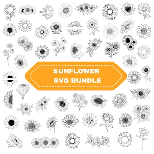May include: A selection of black and white sunflower illustrations in diverse styles. The image features a banner with the text "SUNFLOWER SVG BUNDLE" in orange. The sunflowers are shown in various stages of bloom and arrangements.