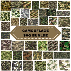 Könnte beinhalten: Eine Sammlung verschiedener Tarnmuster in Grün-, Braun-, Schwarz-, Beige- und Weißtönen, angeordnet in einem Raster. Ein zentrales braunes sechseckiges Etikett zeigt den Text CAMOUFLAGE SVG BUNLDE in fetten schwarzen Großbuchstaben.