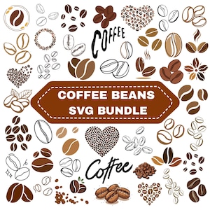 Op de afbeelding: Een verzameling illustraties van koffiebonen in verschillende stijlen, waaronder hele bonen, hartvormen en contouren. De woorden "Coffee Beans SVG Bundle" staan op een bruine banner, met het woord "Coffee" in een scriptlettertype.