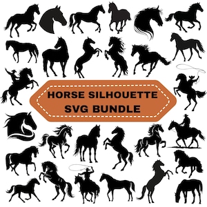May include: A collection of black horse silhouettes in various poses, including rearing, galloping, and grazing. The image includes a brown banner with the text "HORSE SILHOUETTE SVG BUNDLE". The silhouettes are suitable for digital design projects.