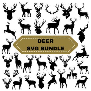 May include: A collection of black deer silhouettes in various poses and styles. The image includes deer heads, full body deer, and antlers. Text on a gold banner reads "DEER SVG BUNDLE".