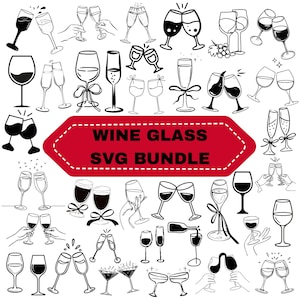 May include: A collection of black and white line art illustrations featuring various wine glasses, some being held or clinking together, with a central red hexagonal banner containing the text WINE GLASS SVG BUNDLE in bold black letters.