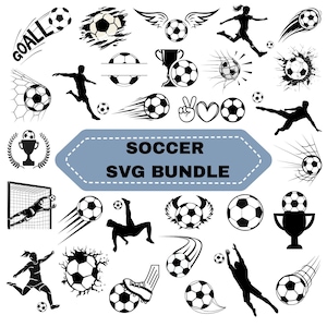 以下が含まれることがあります： 白黒のサッカーをテーマにしたSVGグラフィックのコレクション。デザインには、サッカーボール、アクション中の選手、ゴール、トロフィー、および「SOCCER SVG BUNDLE」というテキストが含まれています。これらのグラフィックは、さまざまなクラフトプロジェクトに適しています。
