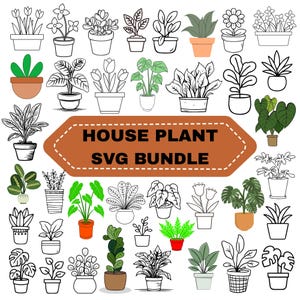 Peut inclure: Une collection de plantes d'intérieur en pot, présentées en illustrations en noir et blanc et en couleur. L'image comprend une bannière avec le texte "HOUSE PLANT SVG BUNDLE". Les plantes sont dans différents types de pots.